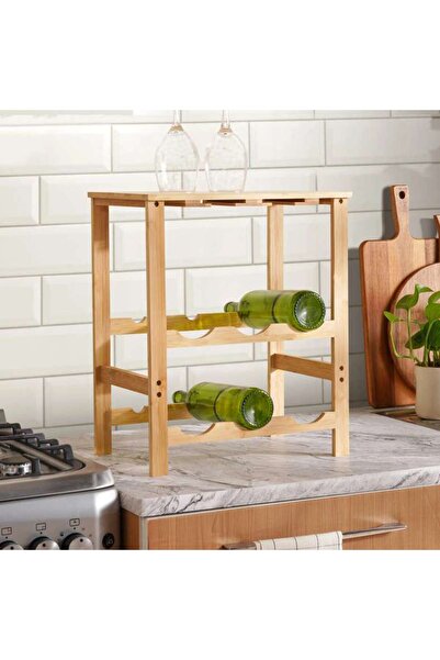PAN HOME حامل زجاجات ناتورا بامبو لـ 6 زجاجات مع حامل للأكواب 40x25x47 سم - ط...