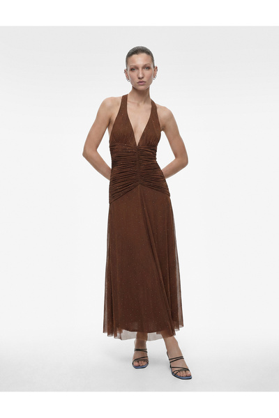 Koton Drapeli Bodycon Tüllü Taşlı Kahverengi Kadın Elbise 6Sak80079Fk