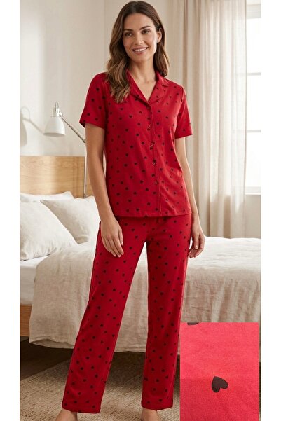 fameshomewear Summer Short Sleeve Heart Black Buttoned Pajama Set