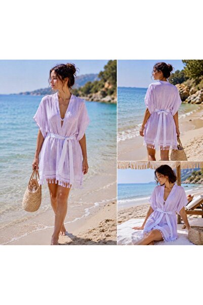 Missi Light Pink White Belted CottonKimonoPeshtemal