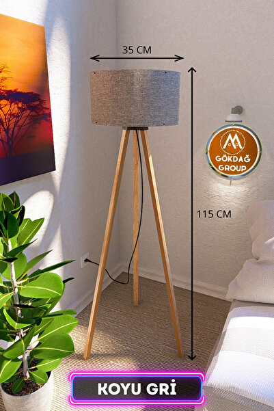 GÖKDAĞ GROUP 3 Ayaklı MEGA BOY Tripod Lambader Abajur Koyu Gri Kumaş Başlık