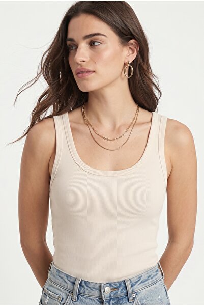 Ritnice Kadın Cotton Premium Doku Krem Pamuklu Basic Fitilli Atlet
