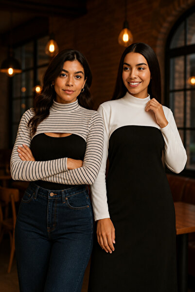 2-Piece Set White and Striped Upright Neck Neckline Sleeve Model Long Sleeve Modest Underwear Combed Cotton Lycra Flexible