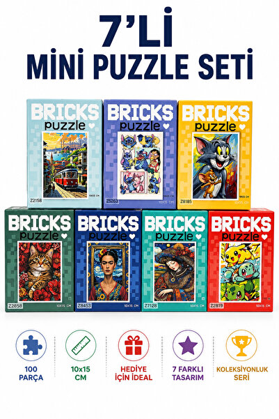 Gargamel Bricks Puzzle 7’li Set 100 Parça Mini Puzzle 10x15 cm Zeka Oyunu Eği...