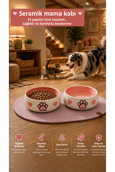 Pawicci 2'li Seramik Kabartma Pati Desenli Mama Kabı – Kedi ve Köpekler için Paspaslı Kaydırmaz Mama ve Su Kasesi - 600 ml