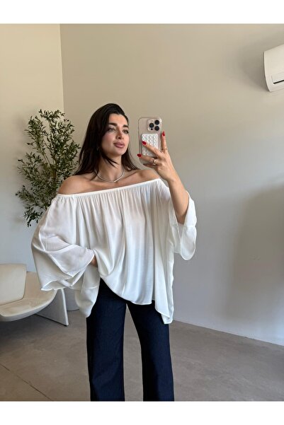 Bade Butik Ekru Yakası Lastikli Yarasa Kol Bluz