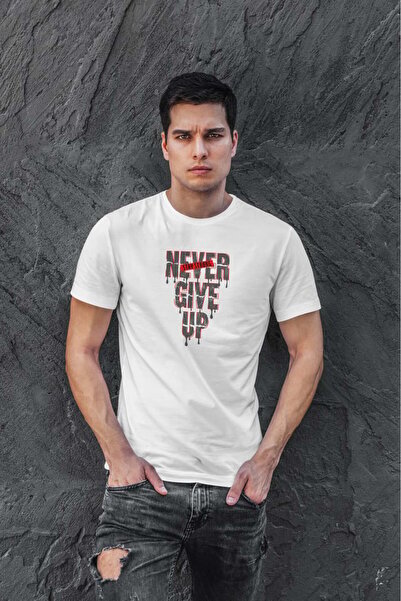 buzagi tasarım ürünleri Never Give Up Digital Print Regular Fit Unisex White ...