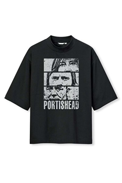 buzagi tasarım ürünleri Portishead Digital Print Oversize Black Unisex T-Shirt