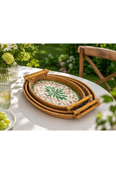 Noah Exclusive 3-Piece Oval Wicker Tray Set - Wicker Tray - Patterned Wicker ...