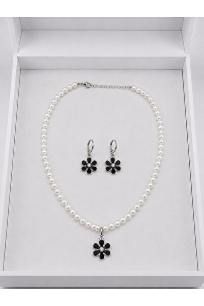 EUROMODA Siyah Yonca Mineli İnci 2'li Kolye Ve Küpe Seti