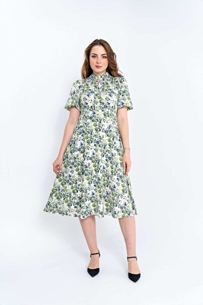mica Women's Short Sleeve Printed Midi Dress with Waist Detail