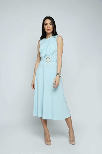 mica Sleeveless Plain Midi Dress with Waist Belt