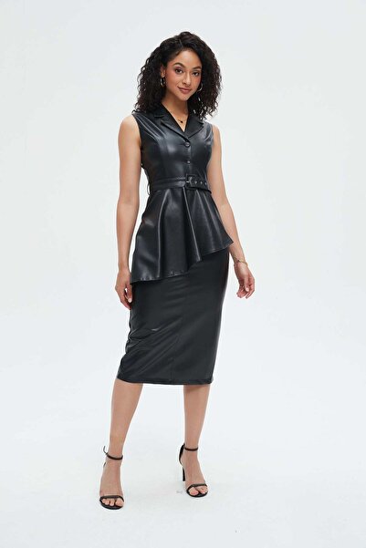 Nichii Women's Midi Leather Dress with Front Buttons and Waist Belt