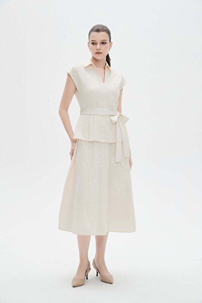 mica Plain Midi Dress with Shirt Collar and Waist Belt
