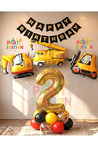 Parti Station İş Makinaları İnşaat Parti 2 Yaş Balon Set Kepçe Balon Vinç Bal...