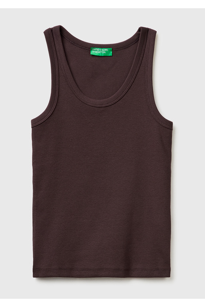 United Colors of Benetton Women's brown cotton blend wide round neck strappy ...