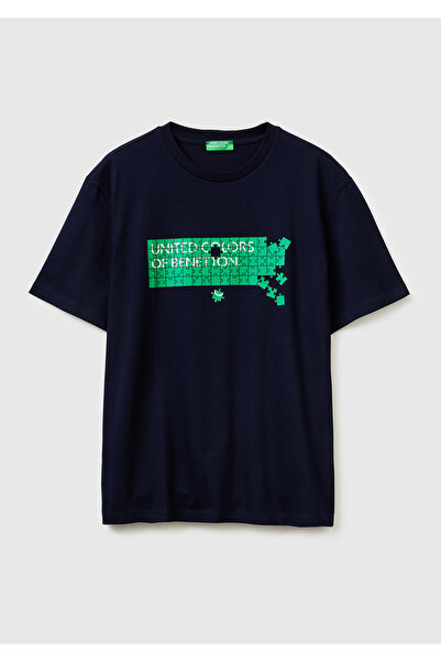 United Colors of Benetton Men's Navy Blue Mix 100% Cotton Logo Printed Regula...