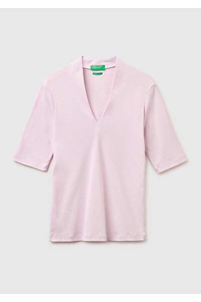 United Colors of Benetton Kadın Açık Pembe %100 Pamuk Yarım Kollu Derin V Yak...