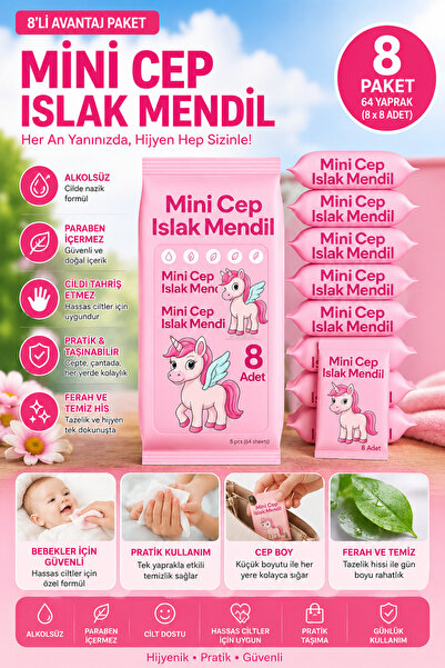 ANI OFİS KIRTASİYE A K Mini Cep Islak Mendil 8'li Paket | Aloe Veralı | Alkol...