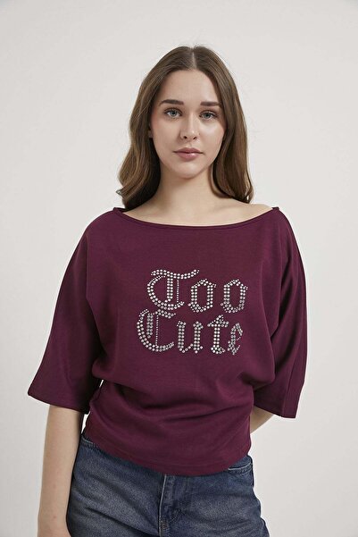 Arma Life Armalife 11360 boat neck women's blouse with stone text detail