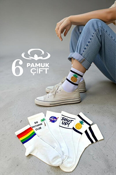 Esinti 6 Çift Pamuklu Desenli Soket Çorap – Unisex Uzun Kolej & Sneaker Uyuml...