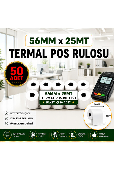 KHR 56X25 MT Termal Pos Rulosu (50 Adet) - Yüksek Kaliteli Yazarkasa Rulosu