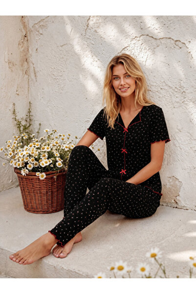 FORMO Women's Ribbon/Bow Decorated Short Sleeve High Quality Stretchy Pajama Set
