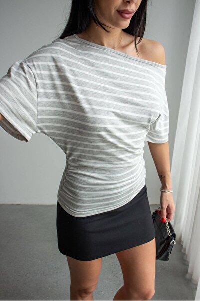 CrepTekstil Crep Women's Ecru Striped Boat Neck Drawstring Detailed Crop Shor...