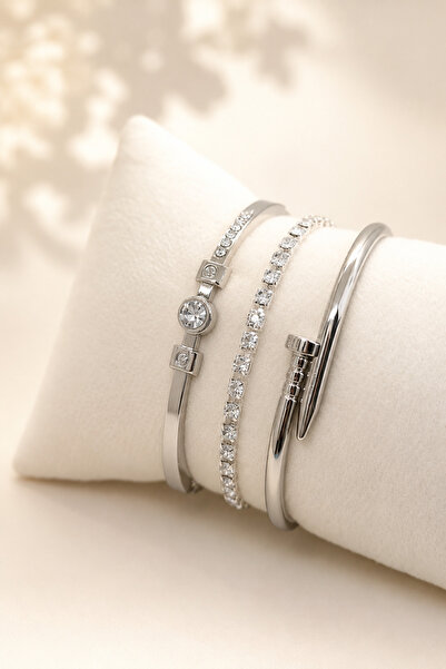 Silver Color 3-Piece Zircon Stone Detail Women's Bracelet Combination