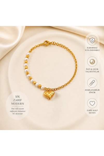 U&Gi Moda Heart Charm Gold Bracelet with Pearl and Bead Detail |   Stainless Steel |   Adjustable Women's Bracelet