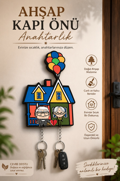BİRBEYSTORE Breloc pentru cupluri, breloc din lemn, cu baloane colorate care ...