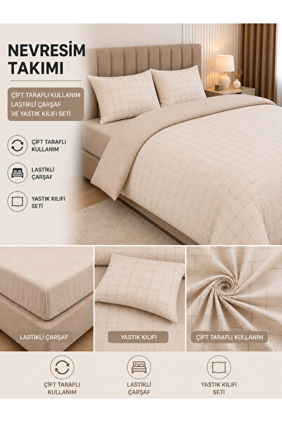 tekstilfabic Double Bedding Set "With a Gift" (Elastic Bed Sheet, 2 Pillowcases)