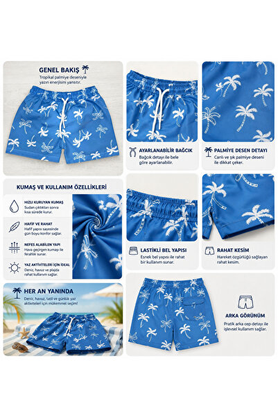 İray Pantaloni scurți de baie pentru băieți, cu model palmier albastru – Pant...