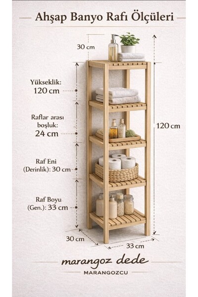 MarangozDede Ahşap Banyo Dolabı 5 Katlı Havluluk, Banyo Rafı, Çok Amaçlı Raf,...
