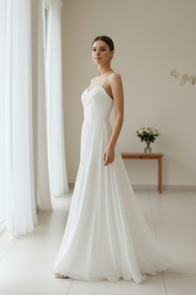 ENDAMIM Nikah Nişan Abiye Dış Çekim Elbise Drapeli Düşük Kol Şifon Elbise