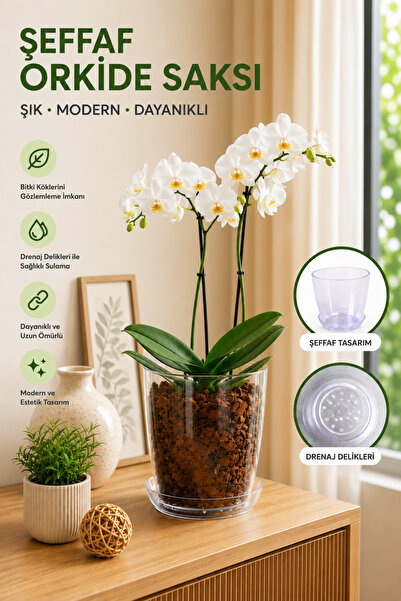 HOMVELLA Şeffaf Orkide Saksısı Tabaklı Drenajlı Dekoratif Saksı 1.5 litre