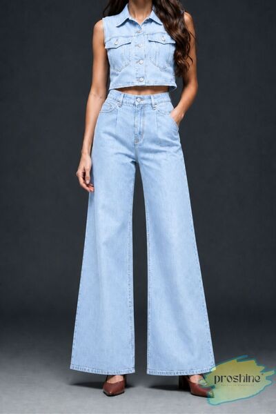 Proshine Kadın Crop Denim İkili Takım – Kısa Kollu Kar Yıkama Bel Lastikli Li...
