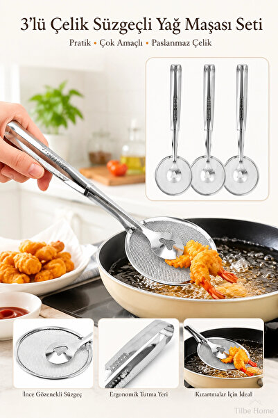 3Pcs Steel Strainer French Fries Oil Tongs Multi-Purpose Practical Tong Set
