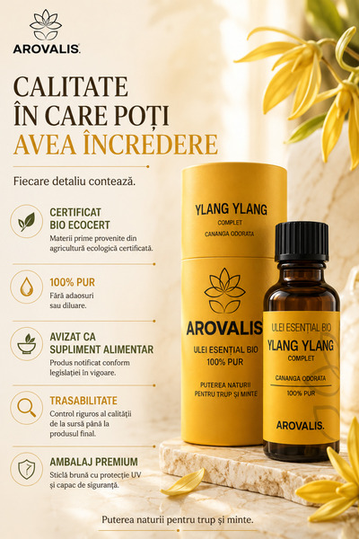 Arovalis. ULEI ESENȚIAL BIO DE Ylang Ylang 10 ml (Cananga odorata) 100% PUR