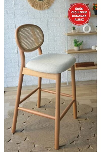 silla Oslo Bar Sandalyesi Teddy Krem Kumaş Hasırlı Naturel Ahşap Ada Sandalye