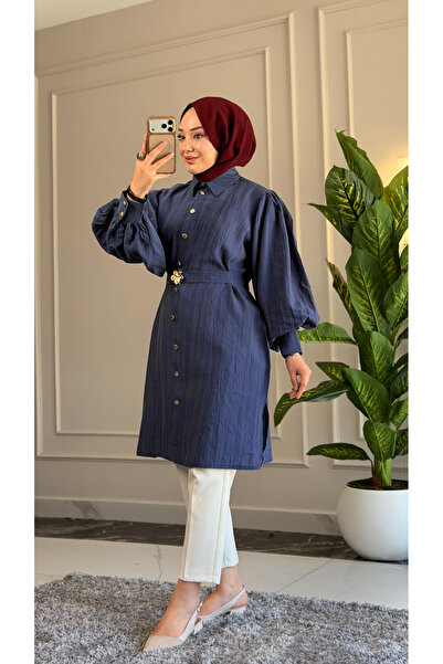 Suede Style 6423 - Comfortable Zippered Buttoned Viva Balloon Sleeve Long Tun...