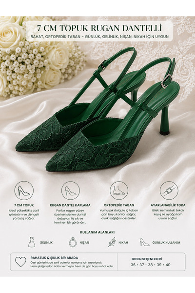 Lebibe Shoes LISA Kadın Yeşil Sivri Burun 7 cm Topuklu Çiçek Dantel Desenli R...