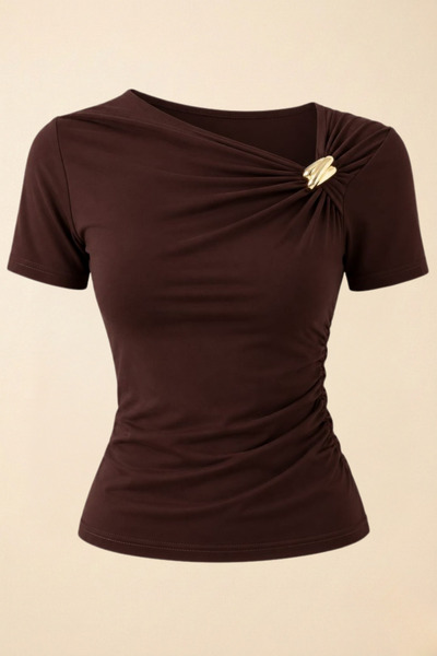 Potenza Women's T-Shirt Short Sleeve Asymmetrical Collar Gold Buckle Detailed...