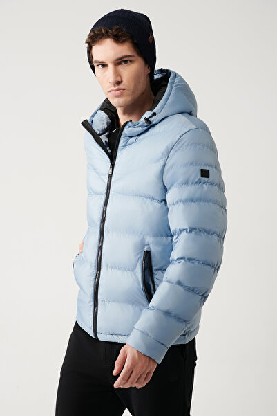 Avva Men's Light Blue Hooded Water Repellent Fabric Puffer Jacket E006011