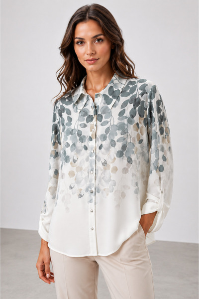 bihan store Women's Patterned Buttoned Shirt 26-1112 - Bone