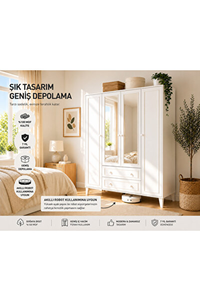 VENATTO madrid 4 kapaklı,aynalı,10 raflı,2 çekmeceli dolap/gardırop (%100mdf)