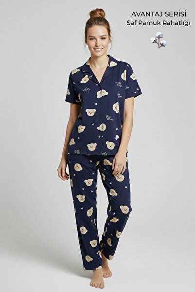 Aytuğ&Mısırlı Cotton Short Sleeve Shirt Pants Pajama Set Navy Blue