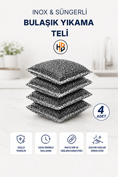 HOBİLON (4 Adet) Inox Süngerli Bulaşık Yıkama Teli - Ovma Teli - Mutfak Temiz...