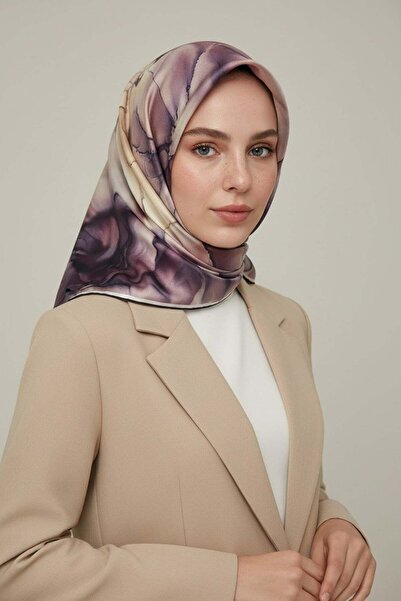 Vissona % 57 İPEK % 43 VİSKON Twill İpek Batik Çiçek Desenli Pudra - Bej Renk...