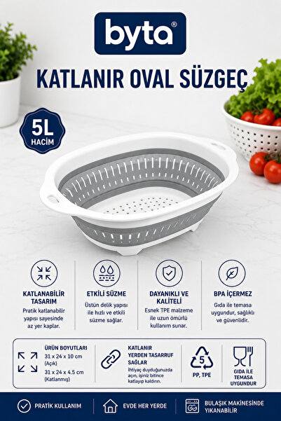 BYTA Folding Oval Strainer 31X24X10 cm Multi-Purpose Fruit and Vegetable Wash...